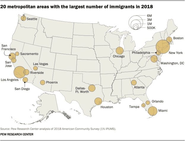 U.S. map with the largest immigration areas in 2018